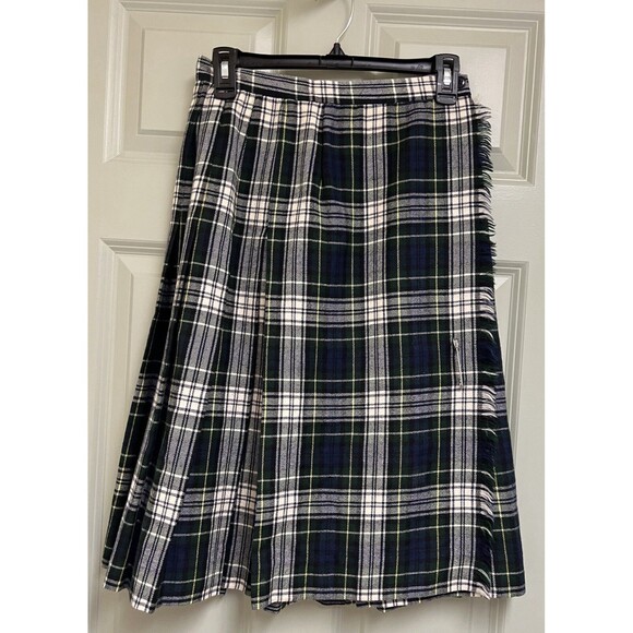 MADISON Wool Wrap Skirt Vintage 8 Blue Green Plaid Tartan Fringe Safety Pin Y2K - Picture 1 of 10